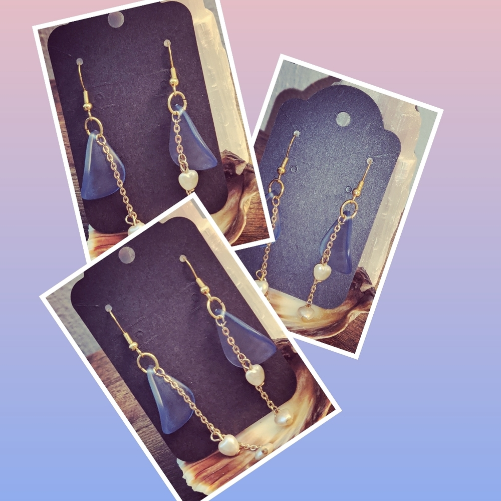 Earrings gold and pearl with seaglass